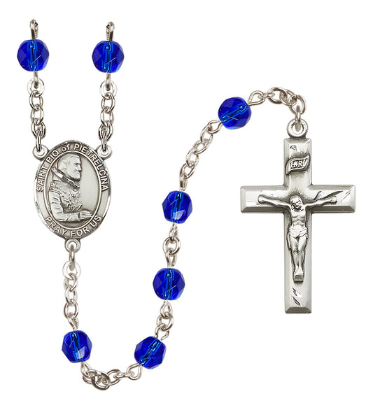 St. Pio of Pietrelcina Rosary, 6mm Fire Polished Sapphire Beads, Silver Plate, # 4047