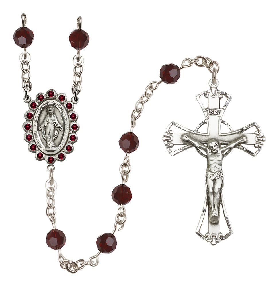 Miraculous Medal Rosary Sterling and Garnet Austrian Crystal #4058