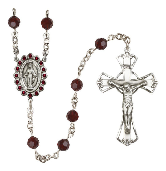 Miraculous Medal Rosary Sterling and Garnet Austrian Crystal #4058