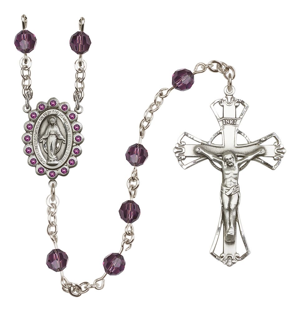 Miraculous Medal Rosary Sterling and Amethyst Austrian Crystal #4059