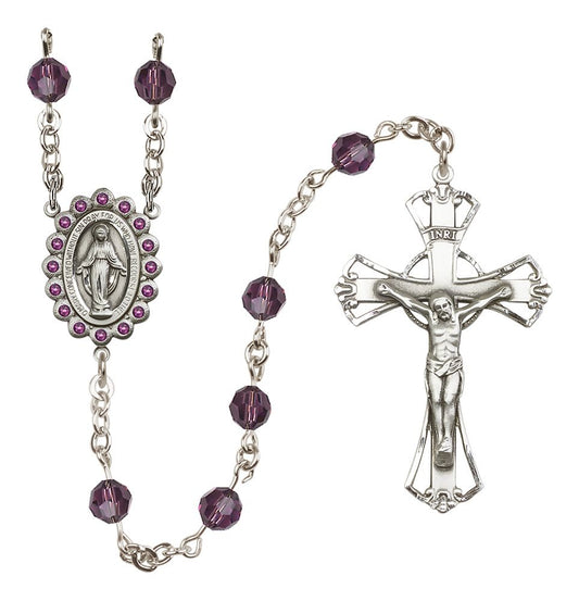 Miraculous Medal Rosary Sterling and Amethyst Austrian Crystal #4059