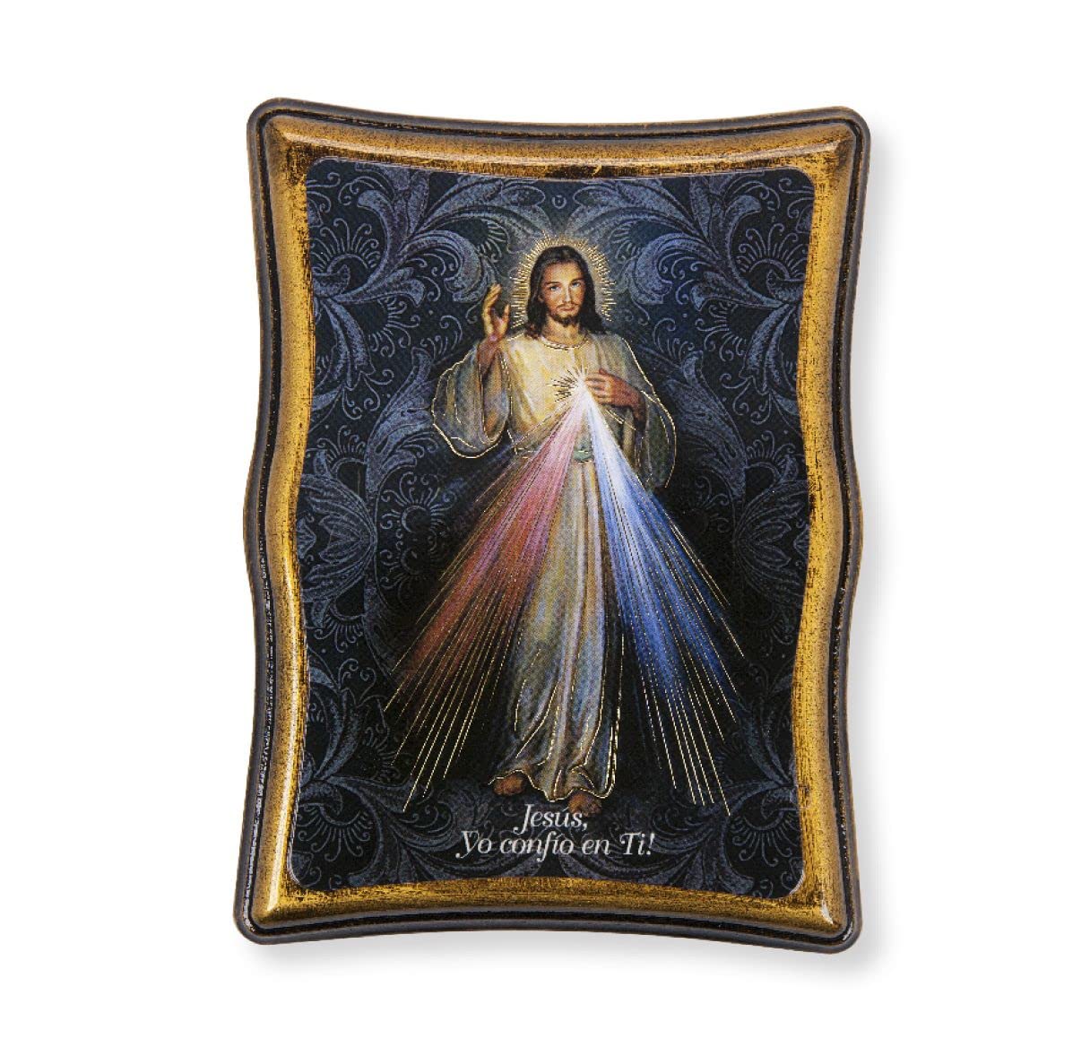 Spanish Divine Mercy in 5-1/4" Scalloped Rectangle Gold Embossed Wood Frame # 28516