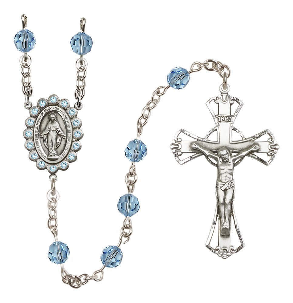 Miraculous Medal Rosary Sterling and Aqua/March Austrian Crystal #4064