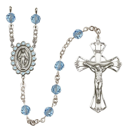 Miraculous Medal Rosary Sterling and Aqua/March Austrian Crystal #4064