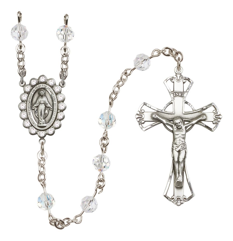 Miraculous Medal Rosary Sterling and Crystal/April Austrian Crystal #4066