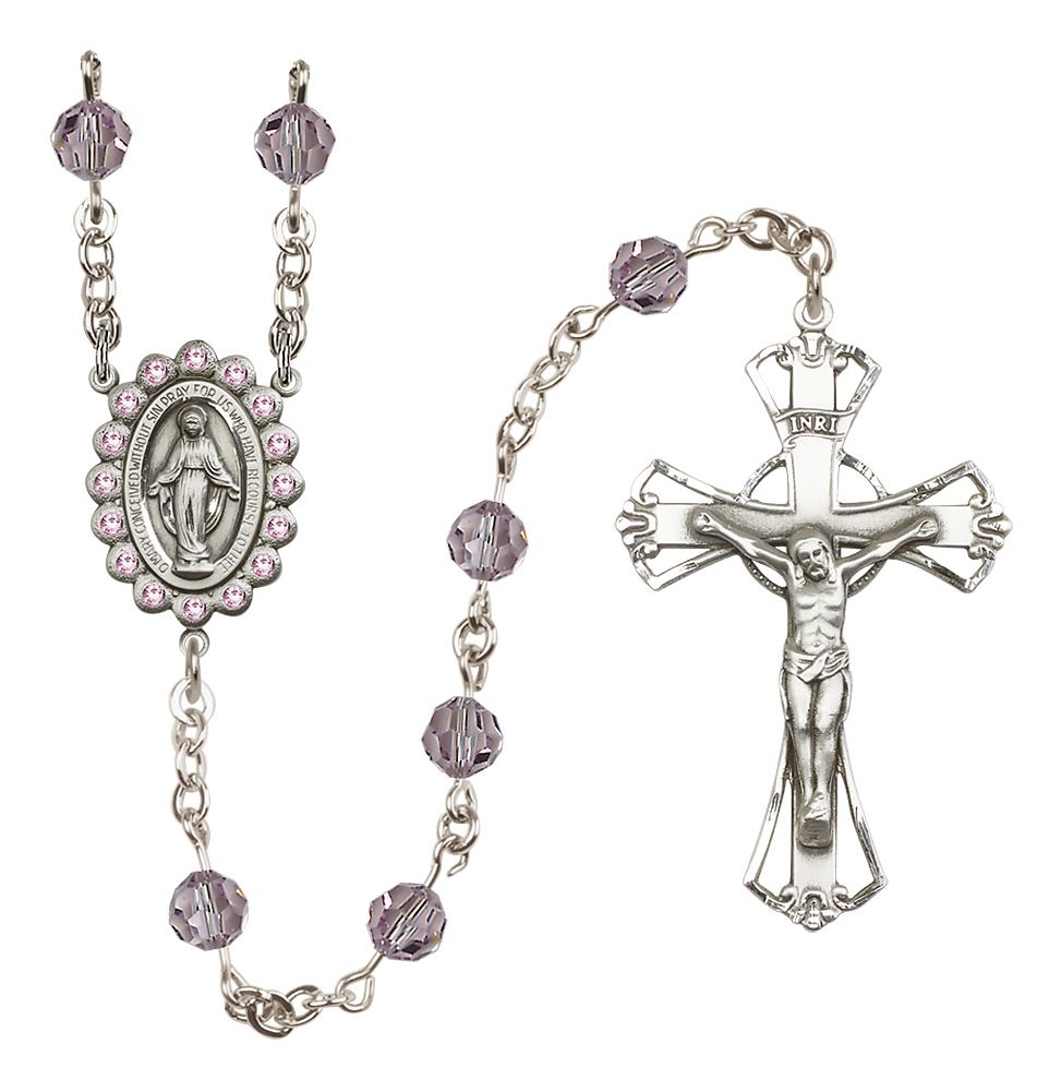Miraculous Medal Rosary Sterling and Light Amethyst/June Austrian Crystal #4071