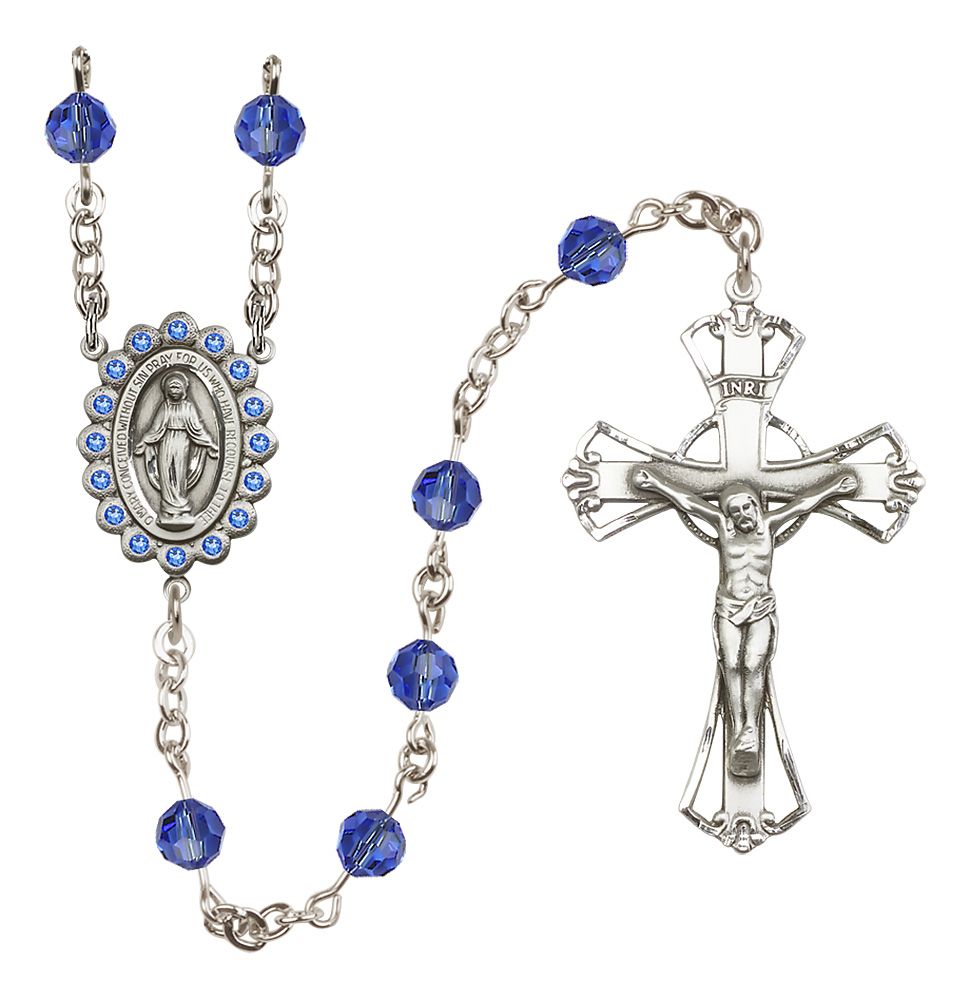 Miraculous Medal Rosary Sterling and Sapphire/September Austrian Crystal #4084