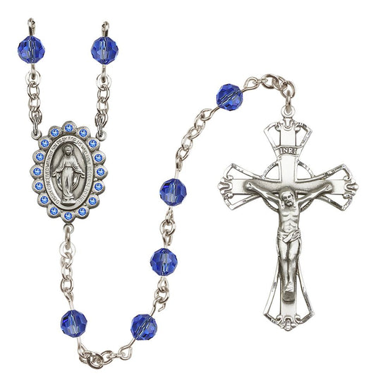 Miraculous Medal Rosary Sterling and Sapphire/September Austrian Crystal #4084