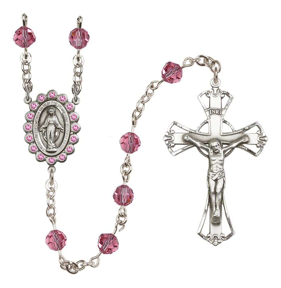 Miraculous Medal Rosary Sterling and Rose/October Austrian Crystal #4086