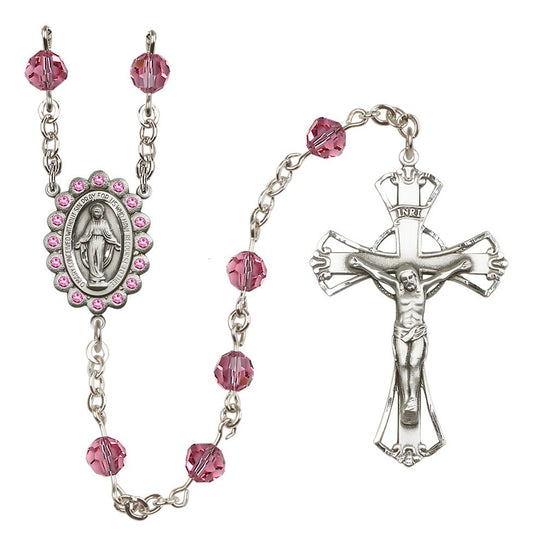 Miraculous Medal Rosary Sterling and Rose/October Austrian Crystal #4086