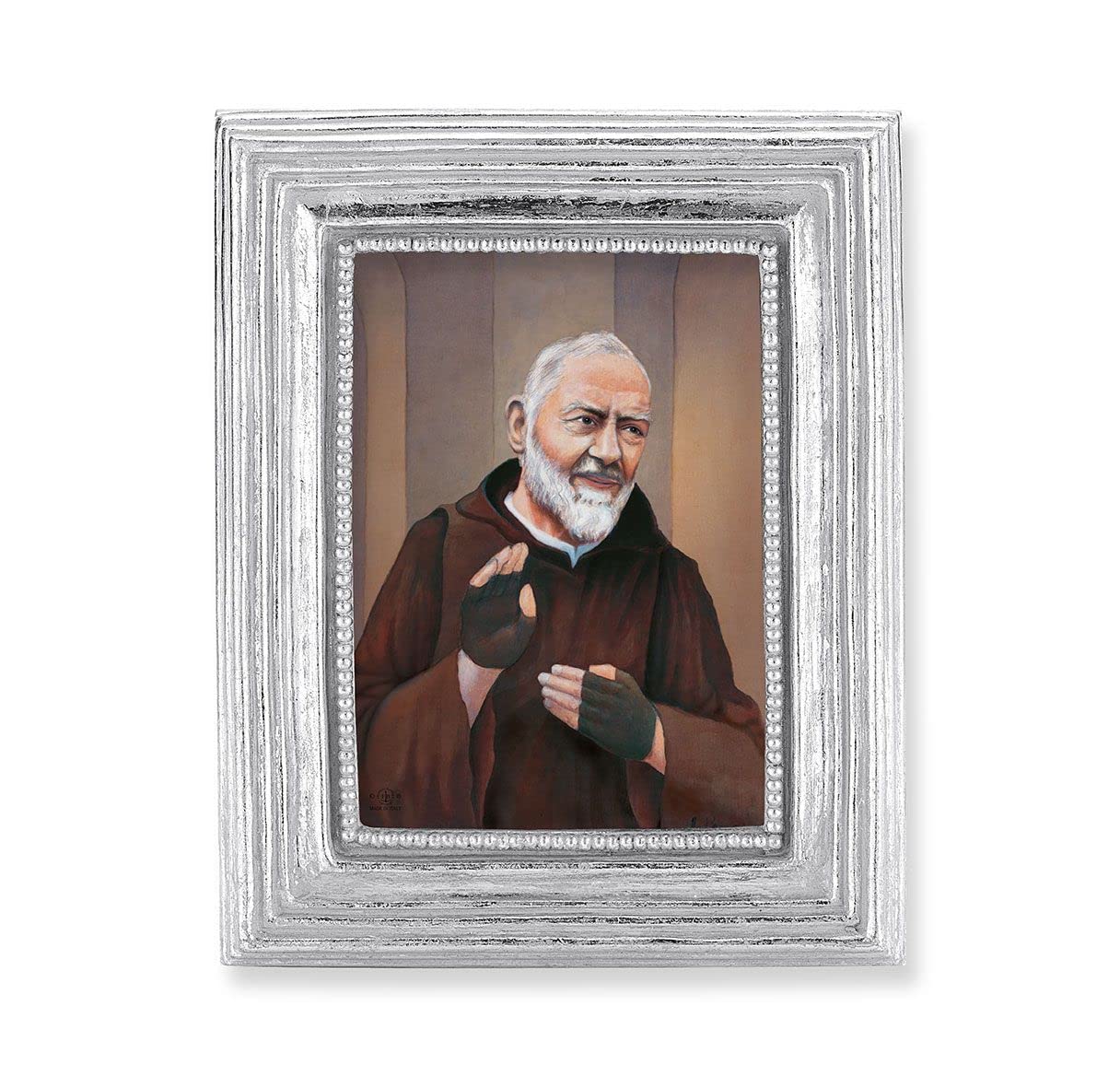 St. Padre Pio Picture, Silver Finish 3-7/8"x4-3/4 Frame, Exclusive Gold Stamped Print Under Glass # 28388