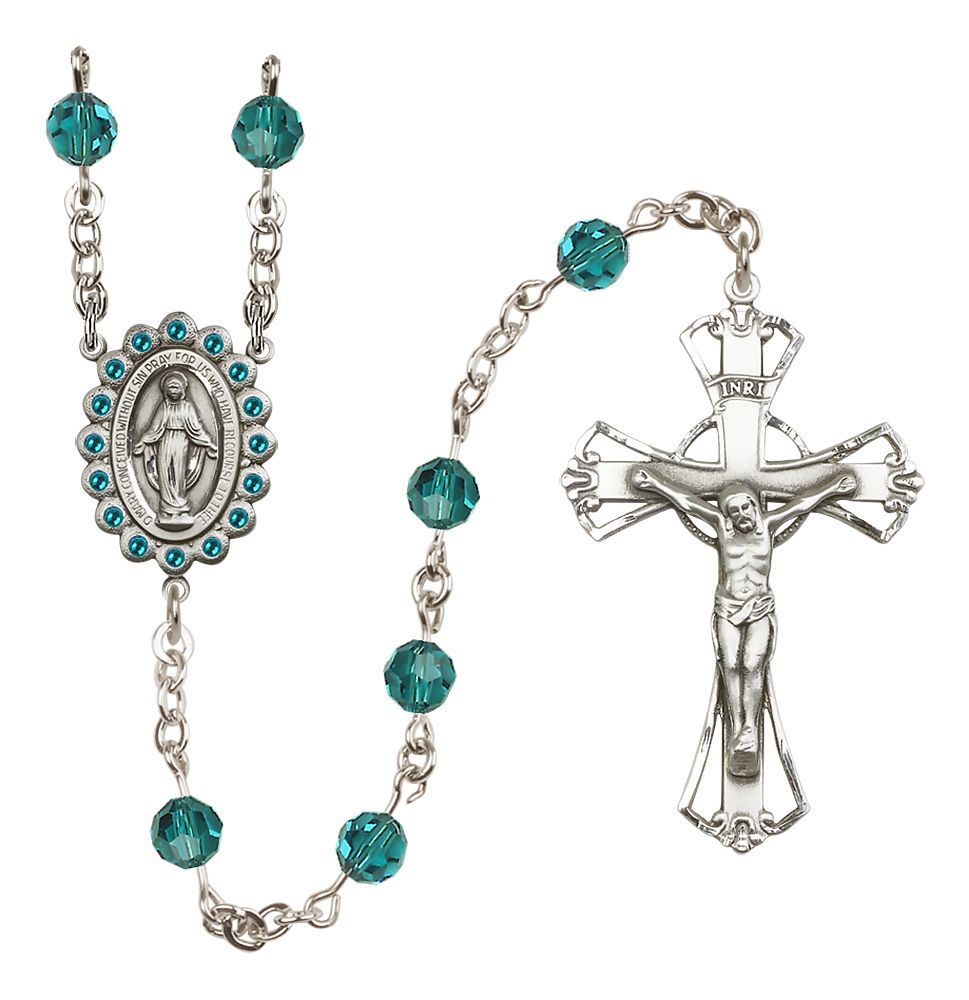 Miraculous Medal Rosary Sterling and Zircon/December Austrian Crystal #4090