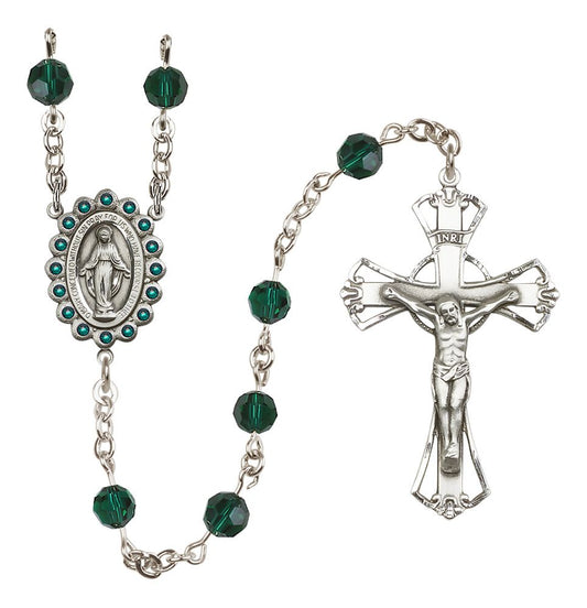 Miraculous Medal Rosary Sterling and Emerald/May Austrian Crystal #4091