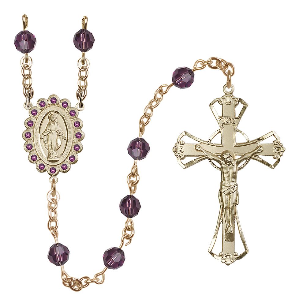 Miraculous Medal Rosary 14kt Gold Filled, Amethyst Austrian Crystal #4094