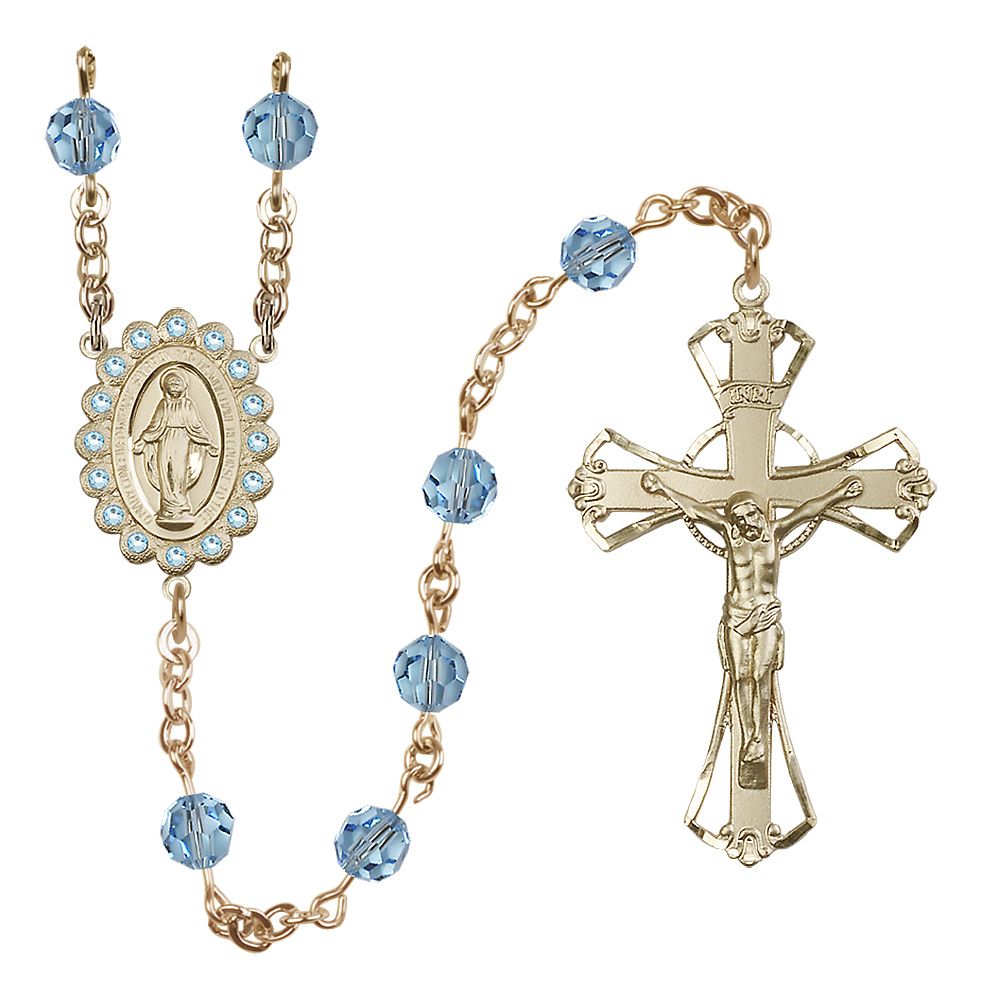 Miraculous Medal Rosary 14kt Gold Filled, Aqua/March Austrian Crystal #4096