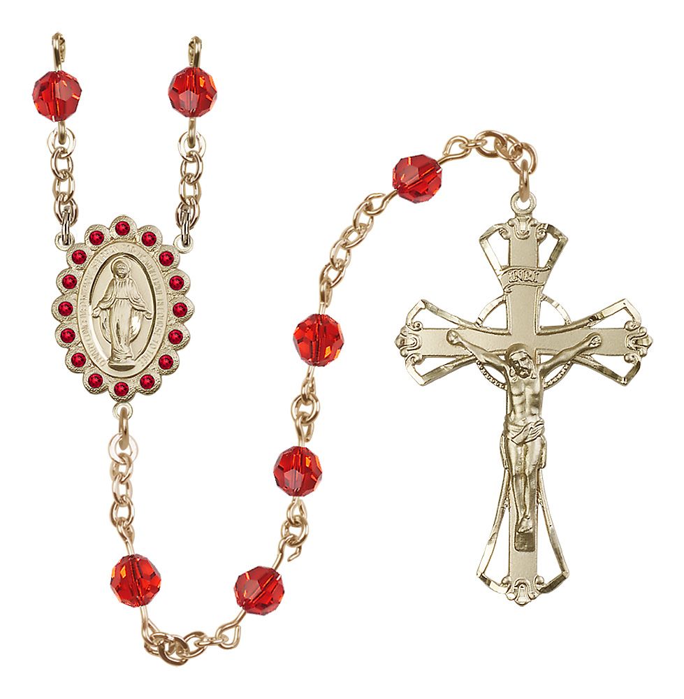 Miraculous Medal Rosary 14kt Gold Filled, Ruby/July Austrian Crystal #4110