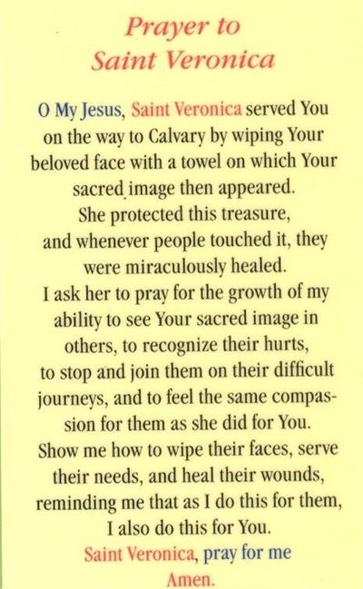 Prayer to Saint Veronica, Laminated Holy Card, 25-Pack, # 41204.