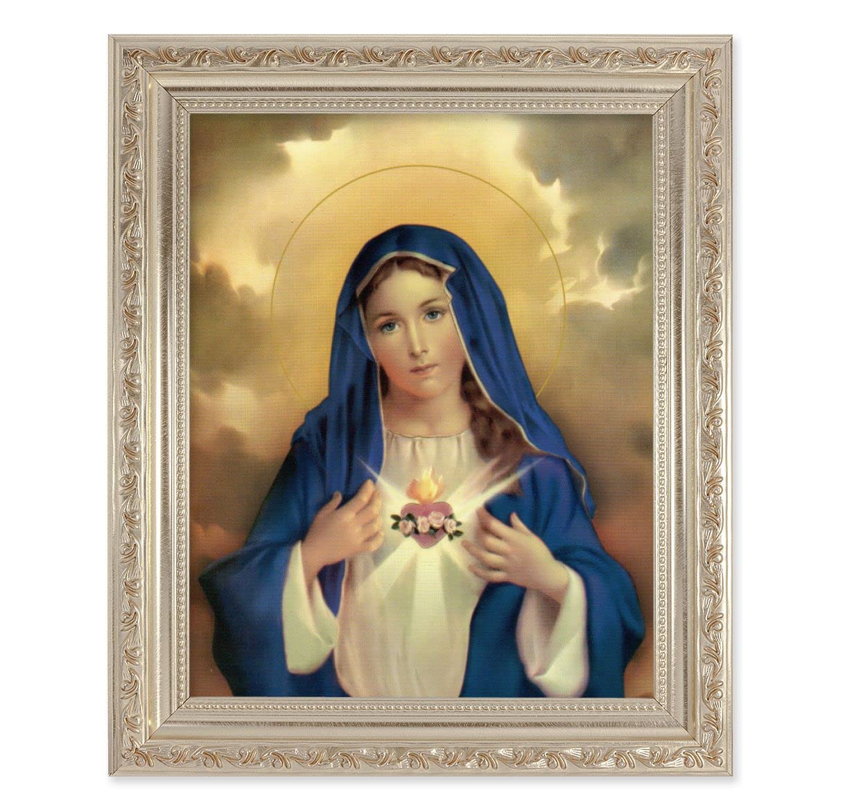 Immaculate Heart of Mary, 10"x12" Antique Silver & Carved Scrollwork Frame, Italian Print Under Glass # 26827