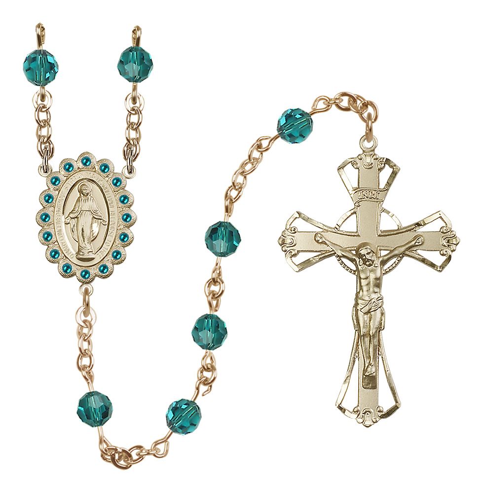 Miraculous Medal Rosary 14kt Gold Filled, Zircon/December Austrian Crystal #4129