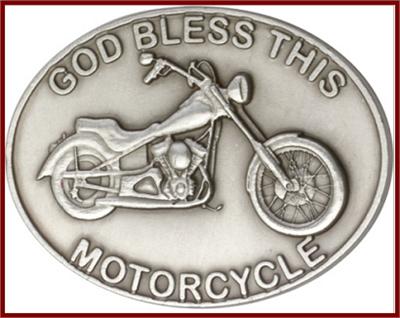 Visor Clip, Silver Oxide Finish, God Bless This Motorcycle, 1-7/8" wide, # 41385