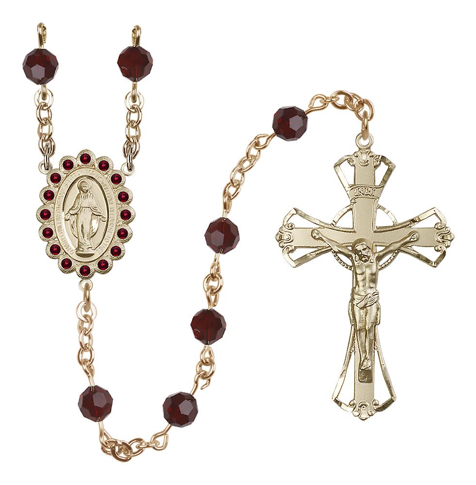 Miraculous Medal Rosary Solid 14kt Gold, Garnet Austrian Crystal #4153