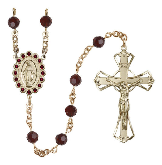 Miraculous Medal Rosary Solid 14kt Gold, Garnet Austrian Crystal #4153