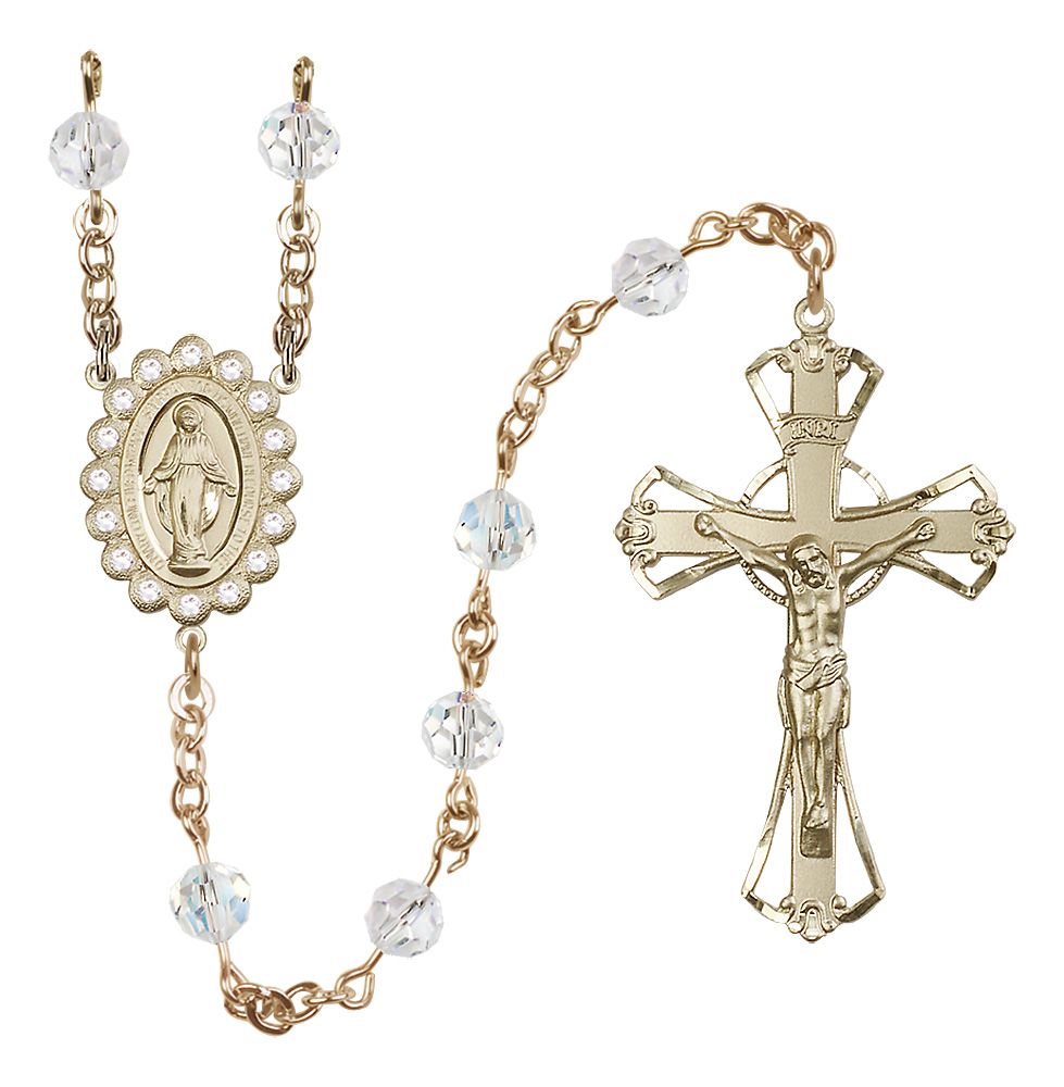 Miraculous Medal Rosary Solid 14kt Gold, Crystal/April Austrian Crystal #4164