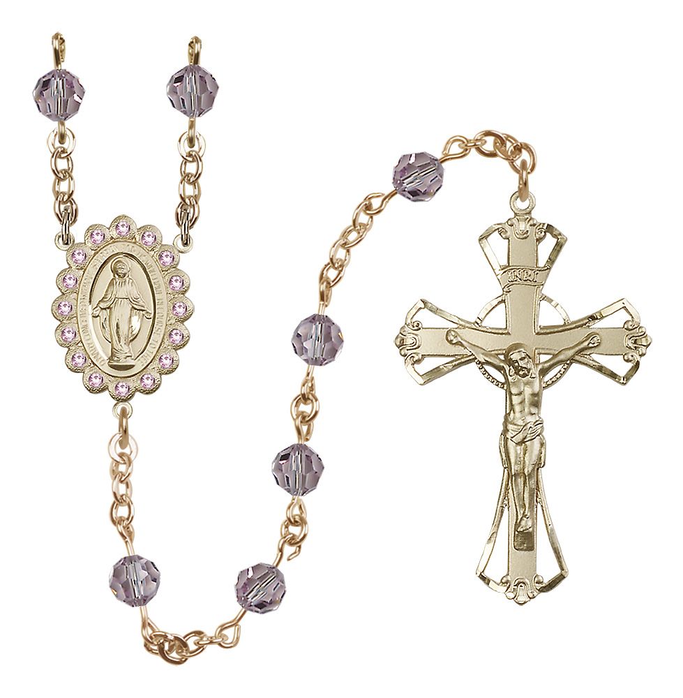 Miraculous Medal Rosary Solid 14kt Gold, Light Amethyst/June Austrian Crystal #4169