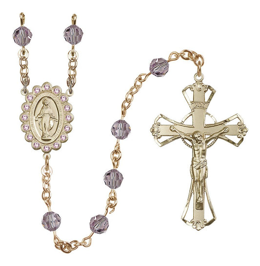 Miraculous Medal Rosary Solid 14kt Gold, Light Amethyst/June Austrian Crystal #4169