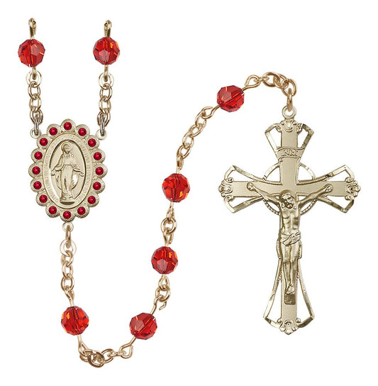 Miraculous Medal Rosary Solid 14kt Gold, Ruby/July Austrian Crystal #4174