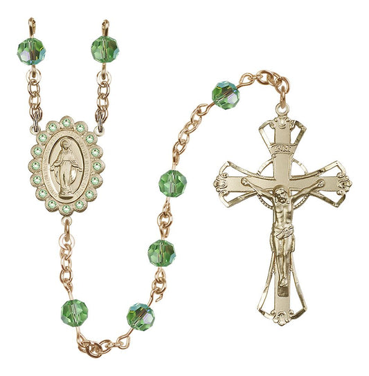Miraculous Medal Rosary Solid 14kt Gold, Peridot Austrian Crystal #4179