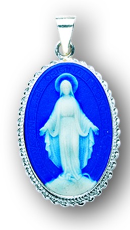 1-3/8" Sterling Silver & Blue Miraculous Medal Cameo, Your Choice of Chain, # 41792