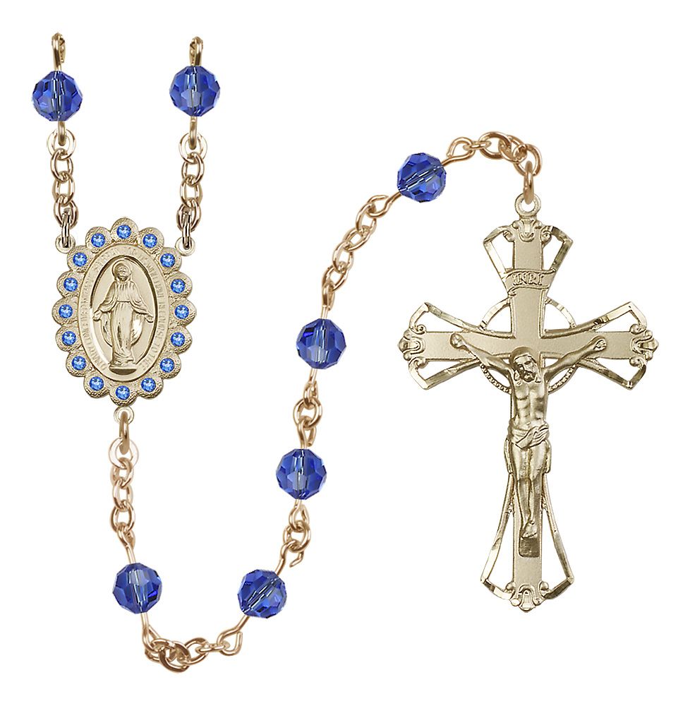 Miraculous Medal Rosary Solid 14kt Gold, Sapphire/September Austrian Crystal #4180