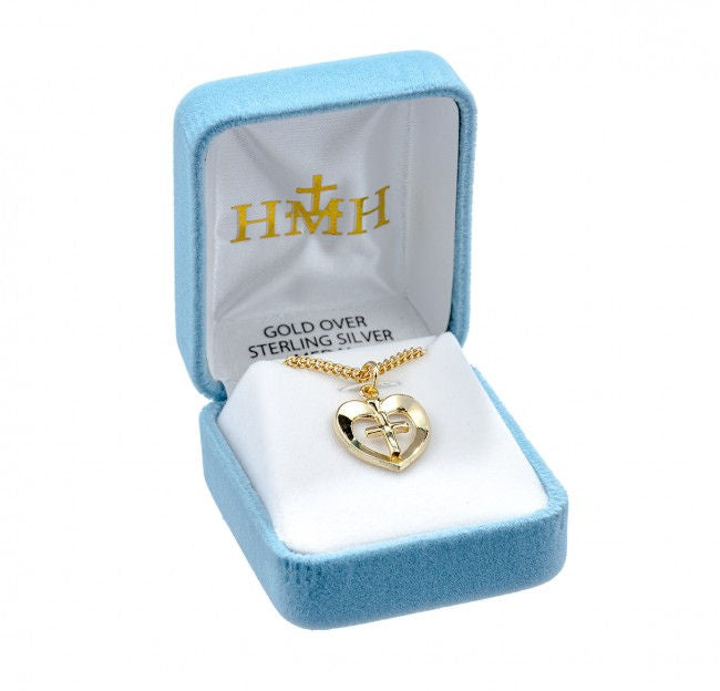 Heart with Cross, 11/16", 16kt Gold over Sterling, Your Choice of Chain # 41809.