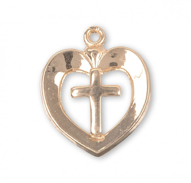Heart with Cross, 11/16", 16kt Gold over Sterling, Your Choice of Chain # 41809.