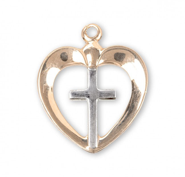 Heart with Cross, 5/8", Tutone 16Kt Gold over Sterling, Your Choice of  Chain # 41810.