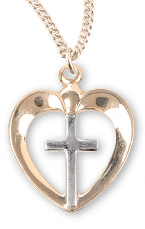 Heart with Cross, 5/8", Tutone 16Kt Gold over Sterling, Your Choice of Chain # 41810|||Heart with Cross, 10/16", Tutone 16Kt Gold over Sterling, Your Choice of  Chain # 41810.