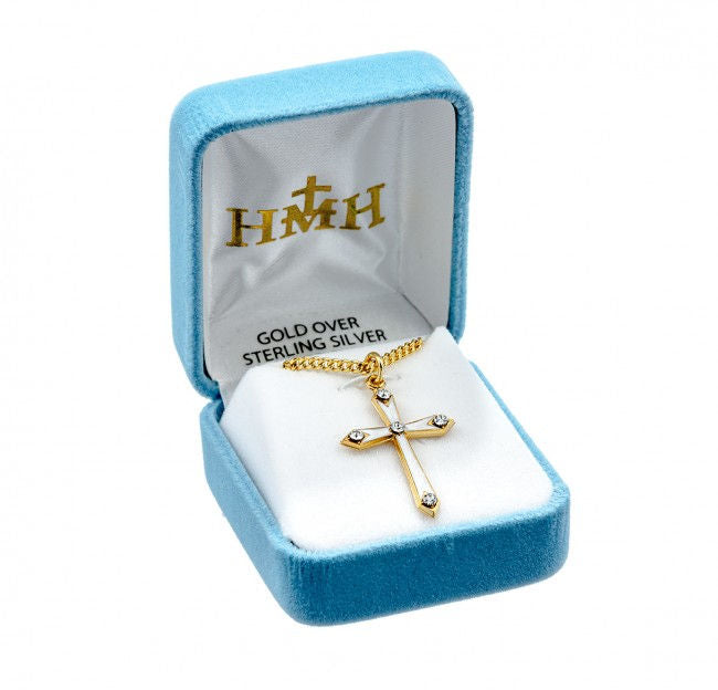 1 1/8" 16kt Gold over Sterling Silver Cross, Enameled w/ Crystals, Your choice of Chain # 41814