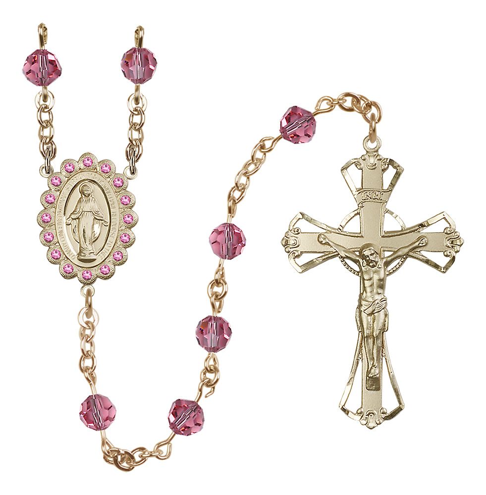 Miraculous Medal Rosary Solid 14kt Gold, Rose/October Austrian Crystal #4182