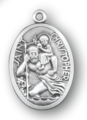 St. Christopher Oval Shaped Medal, 1 1/16" Sterling Silver, Your Choice of Chain # 41842.
