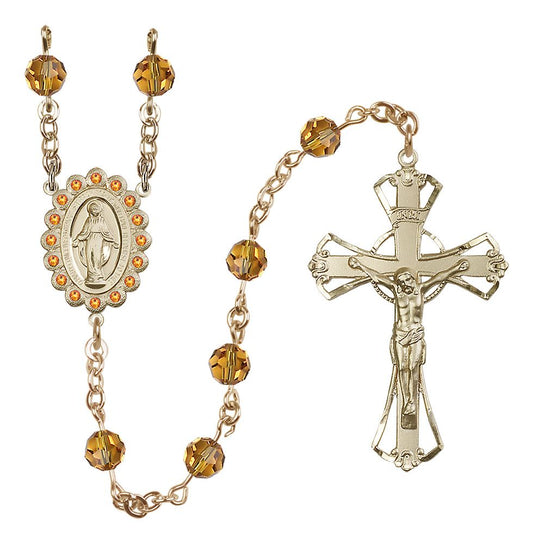 Miraculous Medal Rosary Solid 14kt Gold, Topaz/November Austrian Crystal #4185