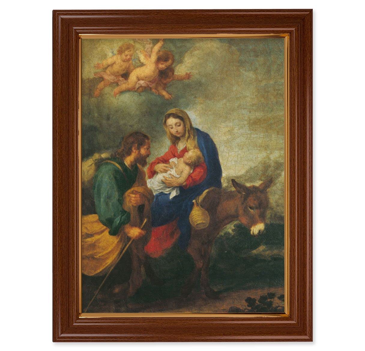 Flight into Egypt Picture, 15-1/2"x19-1/2 Walnut Finish Frame with Thin Gold Lip, Textured Italian Print # 22244
