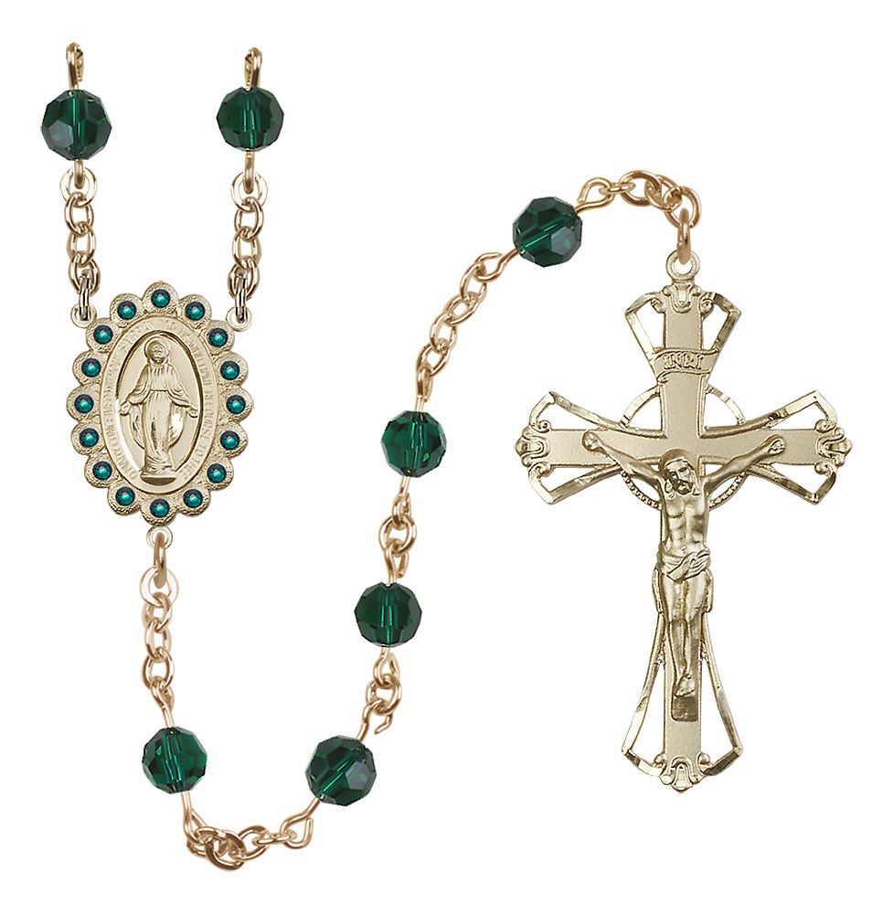 Miraculous Medal Rosary Solid 14kt Gold, Emerald/May Austrian Crystal #4187