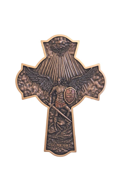 St. Michael Cross Plaque, lightly hand-painted cold cast bronze with gold trim. 16"