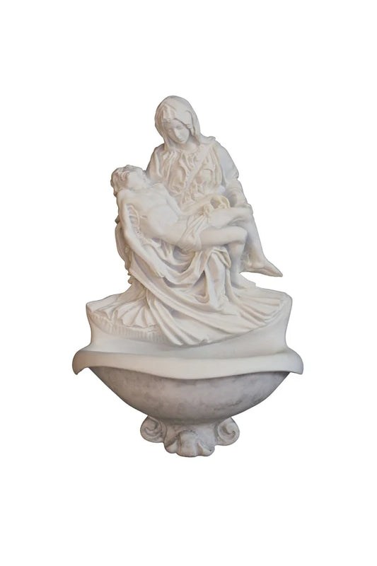 Pieta holy water font in alabaster & resin with shaded bowl, 9"