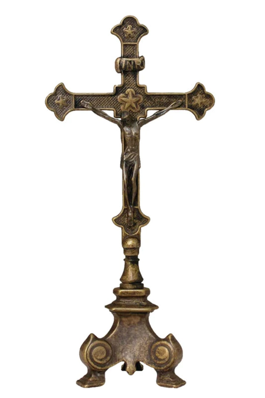 Double sided standing Crucifix in antiqued brass 13" # 4192