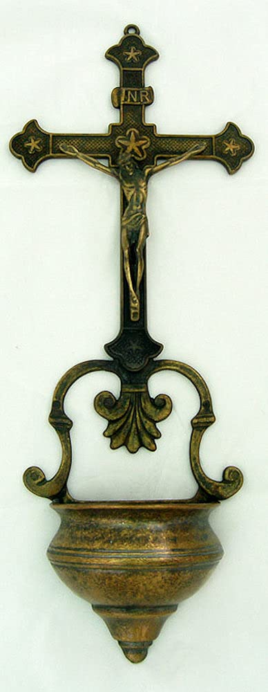 Crucifixion Holy Water Font, Antique Brass, 14", Made in Italy, # 21123