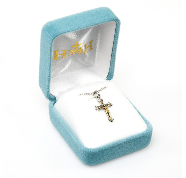 11/16" Sterling Silver & Gold Plate Crucifix, Your choice of Chain # 41970