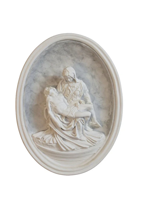 Pieta plaque in alabaster & resin with shaded background 10.5" # 4200