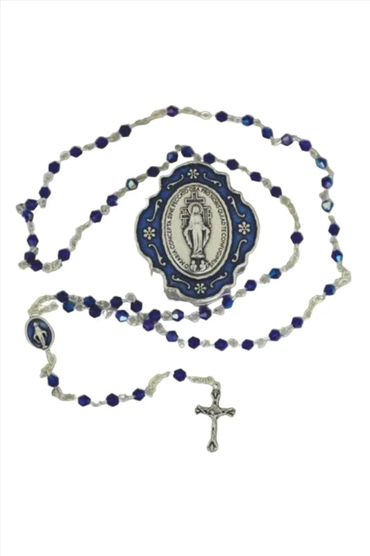 Miraculous Medal blue glass bead rosary enamled box 14" # 4203